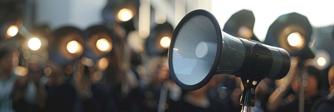 public relations concept with megaphone in front of a blurry crowd outdoors - press conference and public speaking at rally