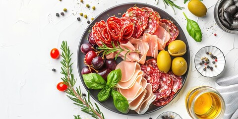 Overhead view of a charcuterie board on a deli tray with luncheon meat cold cuts and olives