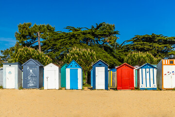 Colored beach huts of La Boirie beach in Saint-Denis-d'Ol&eacute;ron, France on Oleron island