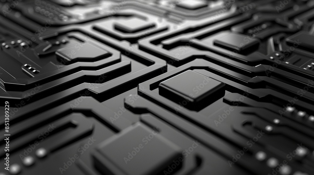 Poster 3d grey cyber background with a network of interconnected circuit chips.