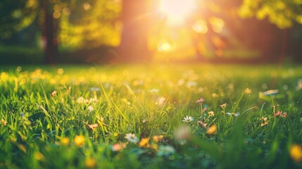 A serene meadow illuminated by warm sunlight, with fresh green grass and scattered wildflowers, creating a peaceful, idyllic natural scene.