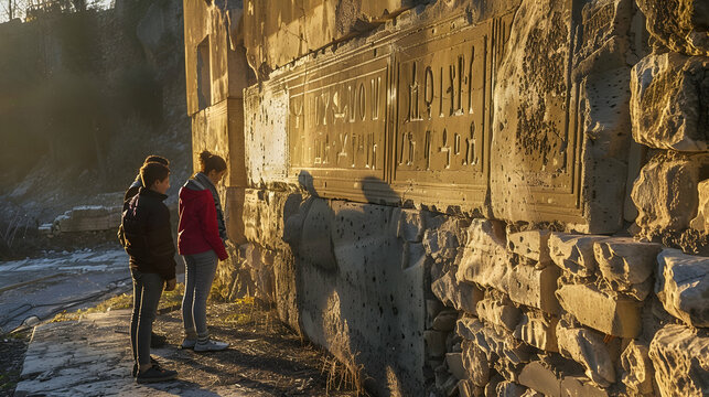 Teenagers examining strange, cryptic symbols carved into the stone walls of an abandoned building, the fading light of the setting sun casting long shadows