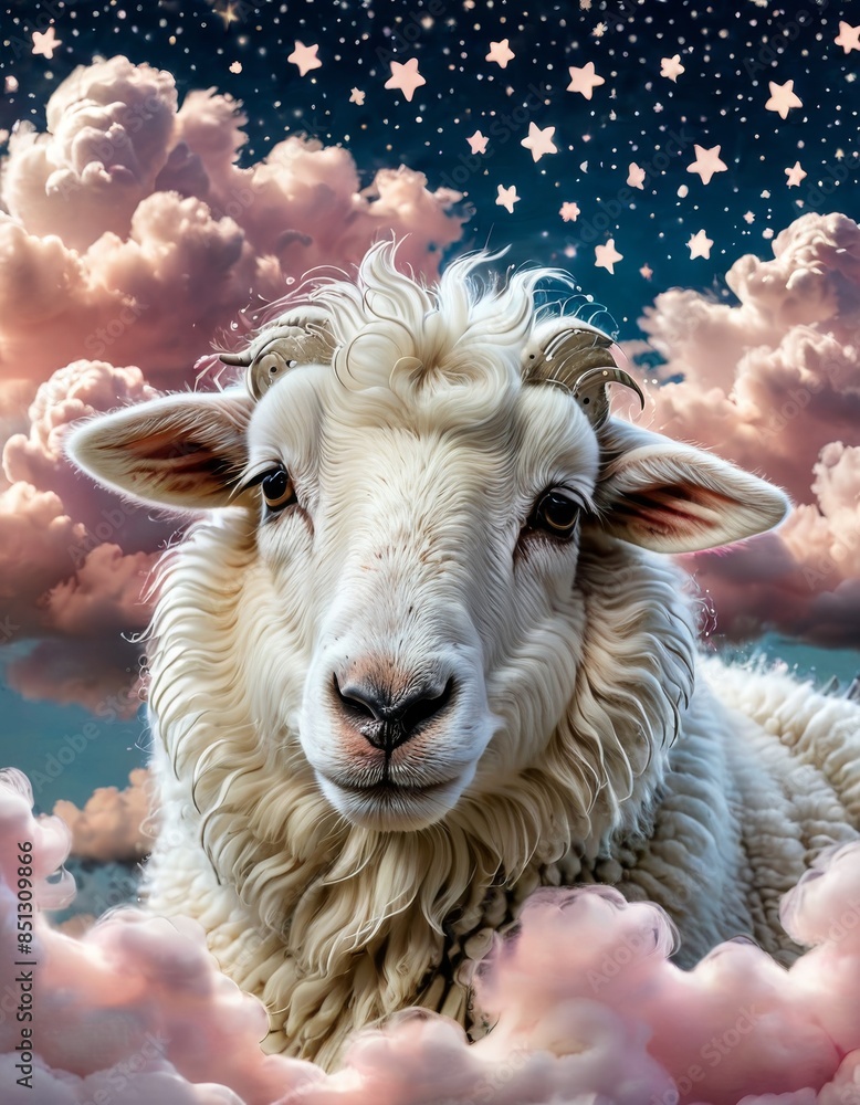 Poster a surreal portrait of a fluffy white sheep set against a backdrop of pink clouds and a starry night 