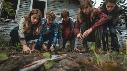 Group of teenagers finding an old, rusty key in the dirt outside a dilapidated house, their expressions a mix of curiosity and caution