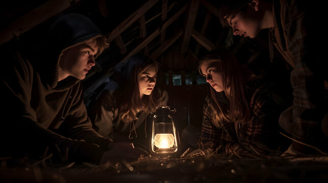 Teenagers huddled around a flickering lantern inside a musty, abandoned barn, whispering excitedly about the ghost stories associated with the village