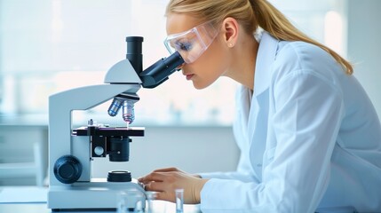 A female scientist wearing gloves and a lab coat intensely examining samples through a microscope in a sterile laboratory, representing dedication to scientific research and discovery.