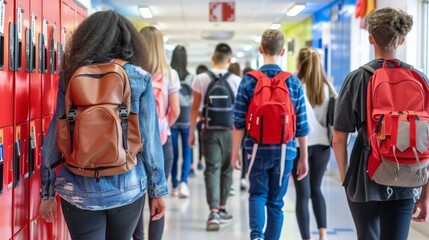 Students with backpacks walking through a brightly lit school hallway lined with blue lockers. Ideal for education and school life themes.