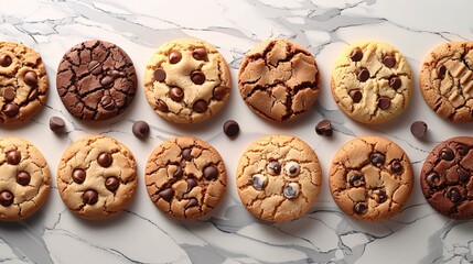 Assortment of Chocolate Chip Cookies on Marble Surface