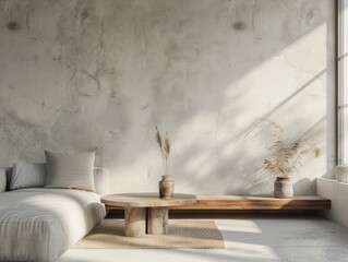 Background interior of living room with light colored concrete walls, sofa, and table. Generative AI