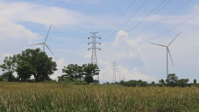 High voltage transmission network and two wind turbines in the paddy fields