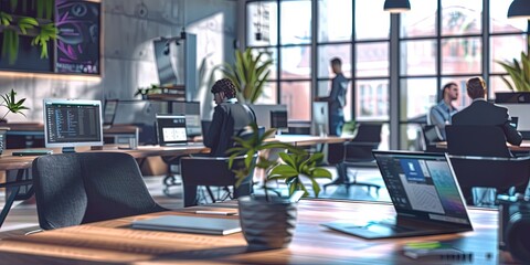 sleek and modern office setting where a team is collaborating on various devices 