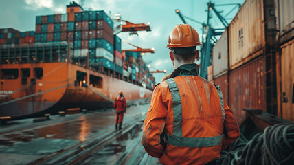 Construction workers in orange helmets building boats in a port