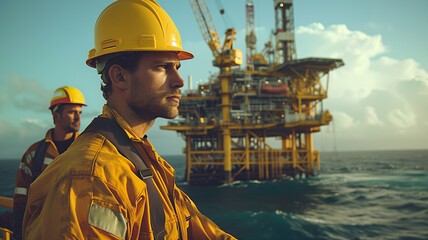 Offshore oil rig engineers working, wide shot