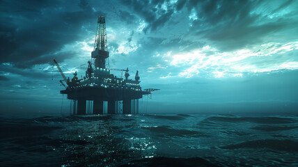 Sunset over an offshore oil drilling rig in the sea