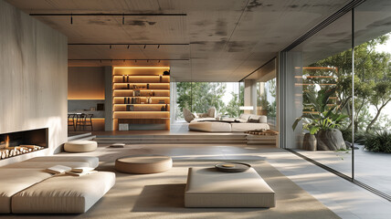 Modern living room interior with fireplace, furniture, and elegant design in a spacious home