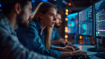 software engineers cooperate working in control room