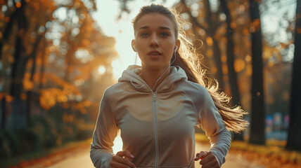 sportswoman jogging exercise, full length wearing wireless running earphones, sport clothing, outdoor,