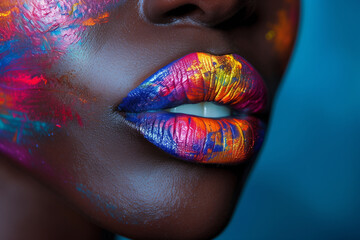 Women's lips attractive with multicolor bright coloring, Pride makeup rainbow lip art