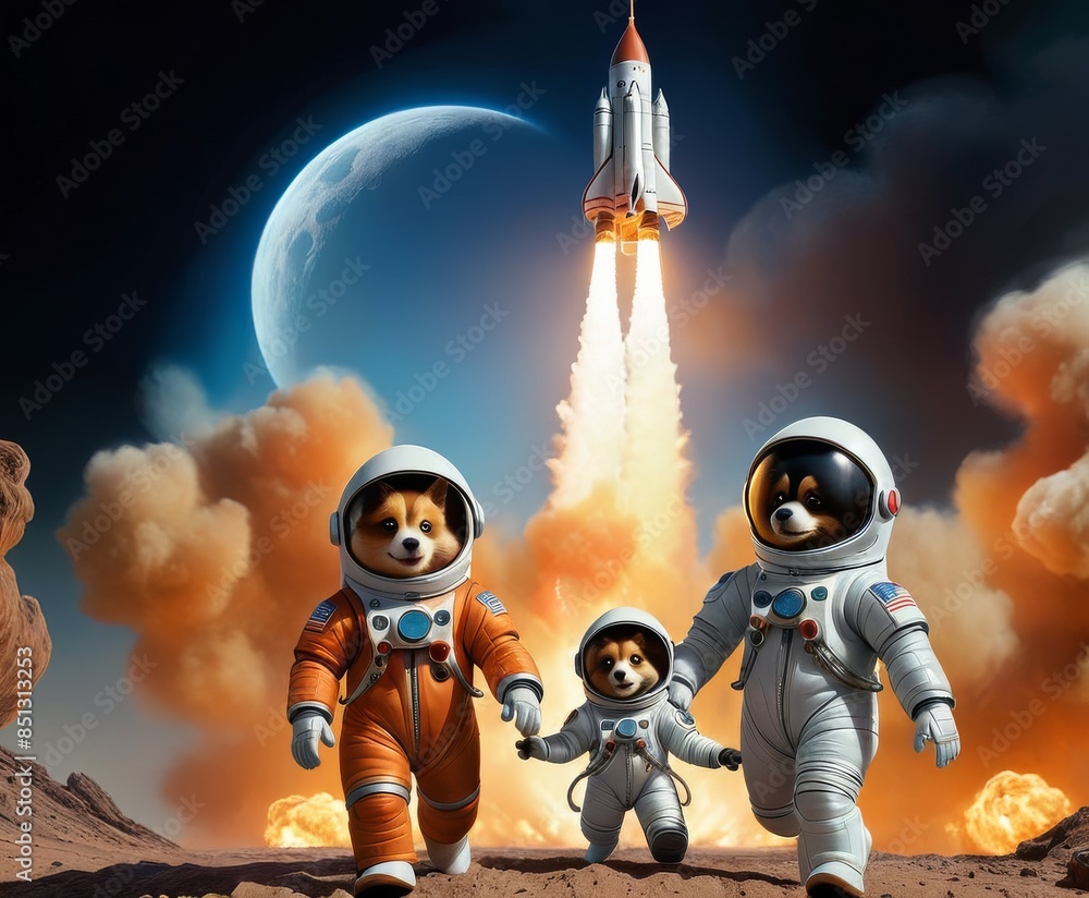 Poster three adorable dogs in space suits embark on a moon mission, with a rocket launching in the backgrou