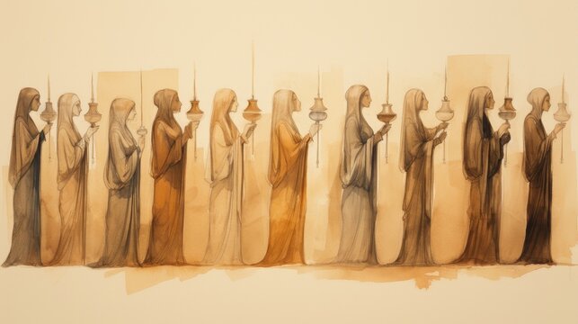 Ten Virgins Waiting for Bridegroom, Wise and Foolish, Beige Background, Biblical Parable Illustrated,Christian banner
