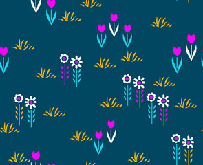 Fototapeta premium Seamless floral illustration features intricate patterns and bold colors, perfect for enhancing digital and print designs. Ideal for use in textiles, wallpapers, packaging, and branding materials etc.