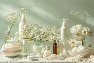 Obraz premium aesthetic spa still life of various essential oils and cosmetic products