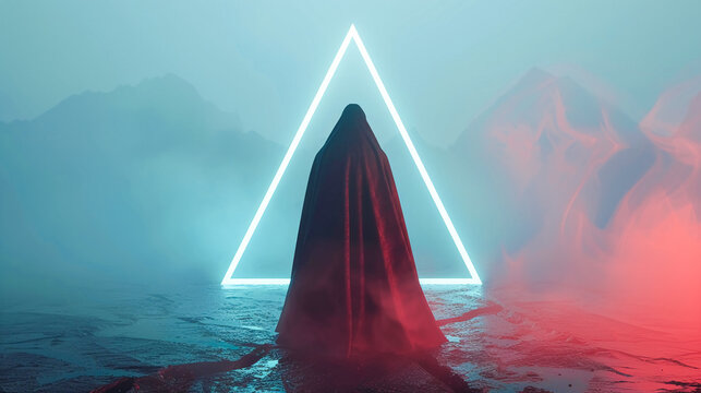 Cryptic symbol, Red cloak, Enigmatic, Delving into the deep web, Foggy evening, 3D render, Silhouette lighting, Chromatic Aberration