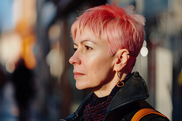 woman with pink hair outdoors