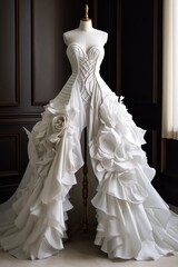 Fototapeta premium Modern white wedding dress on mannequin. Generative AI