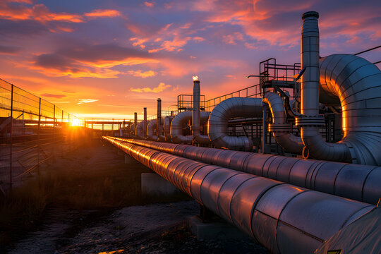 gas pipes in sunset light, gas pipeline