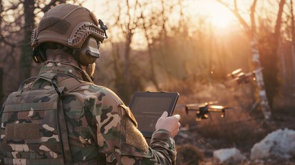 Military advancements. Combat analyst overseeing synchronization of troops with unmanned aerial vehicles. Army leader utilizing a tablet with enhanced virtual elements 