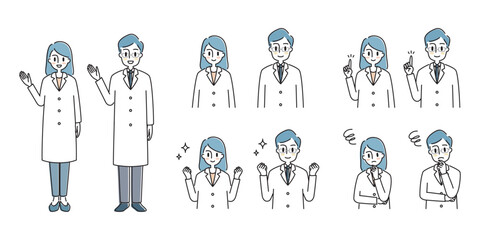 白衣を着た男女のお医者さんポーズセット