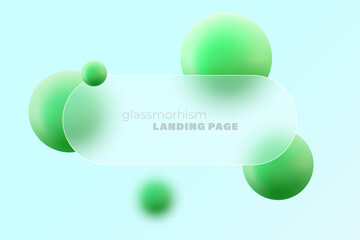Website landing page template in glass morphism style. Horizontal presentation screen with the effect of glass overlay on green spheres.