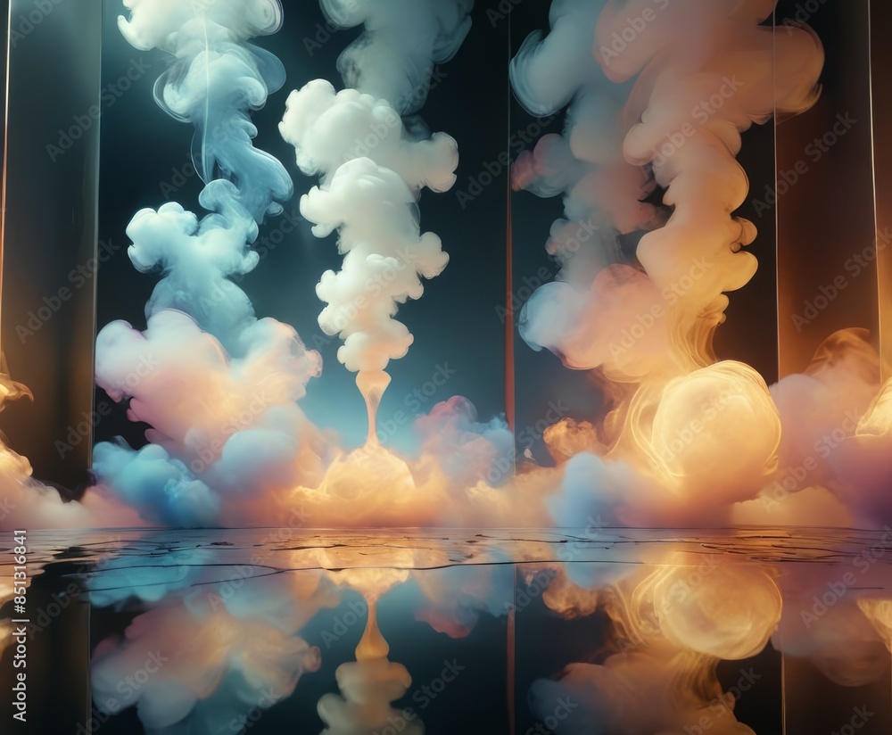 Poster abstract image of colorful smoke clouds rising and reflecting on a glossy surface, creating a dramat