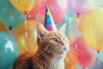 portrait of ginger tabby cat in a festive cap with colorful balloons on the background