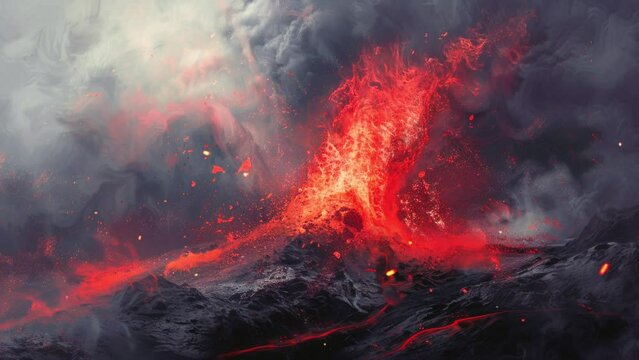 Volcanic eruption on an island in the ocean, digital art