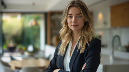 Confident Professional Woman Standing with Arms Crossed in a Stylish Modern Office Environment