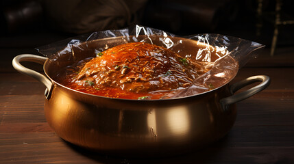 A large pot filled with meat on a wooden table.