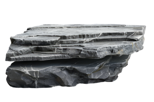 A piece of slate breaks, natural layers and texture on a white background.