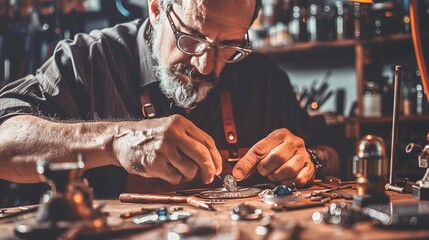 A master jeweler skillfully setting gems into a jewelry piece, with a focus on a sapphire diamond ring amidst a workshop laden with professional tools