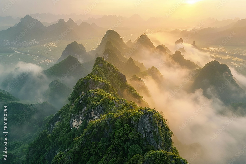 Wall mural halyan mountain, guilin landscape in guangxi province of china, sunrise, foggy weather, long exposur