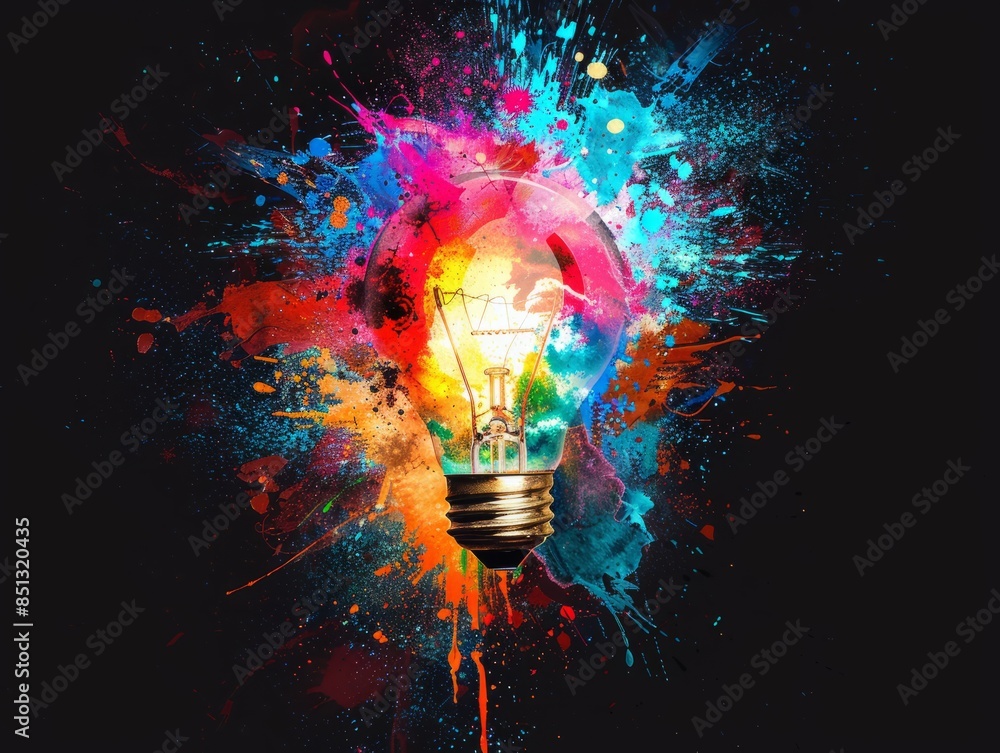 Poster creative light bulb explodes with colorful paint and splashes on a black background. think different