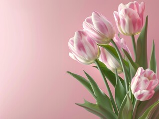 Fototapeta premium Empty clean solid pink background with fresh tulip flowers and copy space. Springtime holidays horizontal greeting card template. AI generative image.