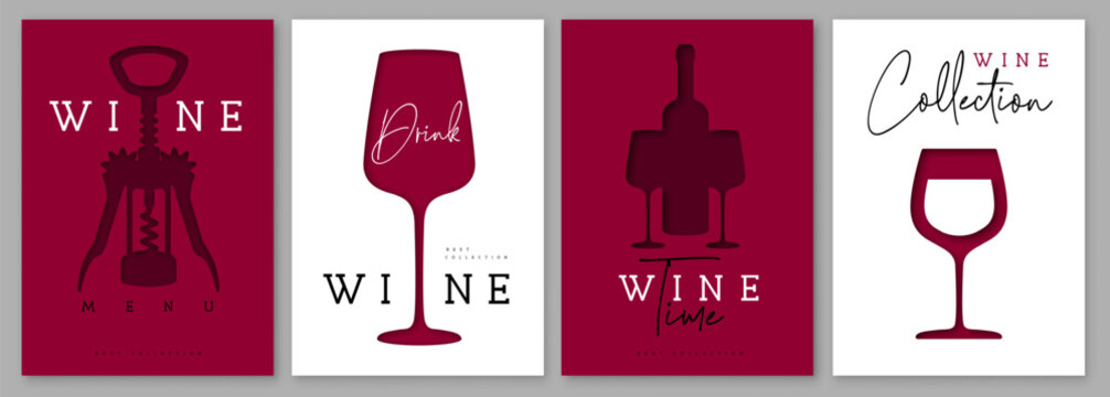 Set of abstract cut out modern wine covers or posters. Wine tasting. Restaurant menu. Vector illustration