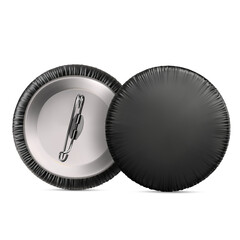 Black round badge pin brooch covered with cloth. Mock Up. Vector realistic illustration