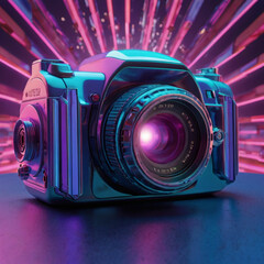 A futuristic camera emits a vibrant, colorful ray of light in 3D. The scene is filled with vivid blues, purples, and pinks, blending technology and creativity.
