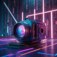 A futuristic camera emits a vibrant, colorful ray of light in 3D. The scene is filled with vivid blues, purples, and pinks, blending technology and creativity.