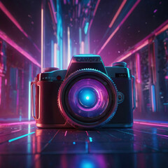 A futuristic camera emits a vibrant, colorful ray of light in 3D. The scene is filled with vivid blues, purples, and pinks, blending technology and creativity.