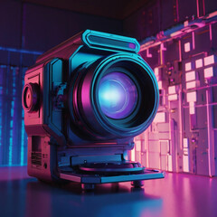 A futuristic camera emits a vibrant, colorful ray of light in 3D. The scene is filled with vivid blues, purples, and pinks, blending technology and creativity.