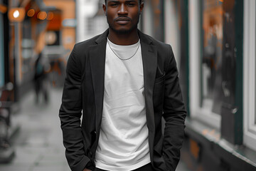 Naklejka premium Stylish Man in White T-Shirt and Black Blazer on Urban Street